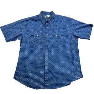 Mens Wrangler Wrancher Pearl Snap Shirt Short Sleeve Blue Geometric Size 2XL
